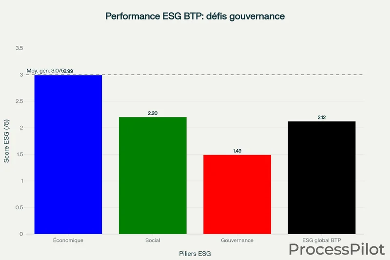 Scores ESG du secteur BTP montrant une performance particulièrement faible en gouvernance (1,49/5) et un besoin urgent d'amélioration en transparence