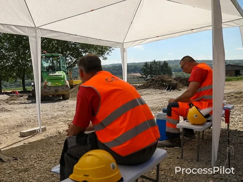 Ouvriers du BTP en pause à l'ombre sur un chantier pendant une vague de chaleur, soulignant l'impact des températures élevées sur l'activité du chantier.