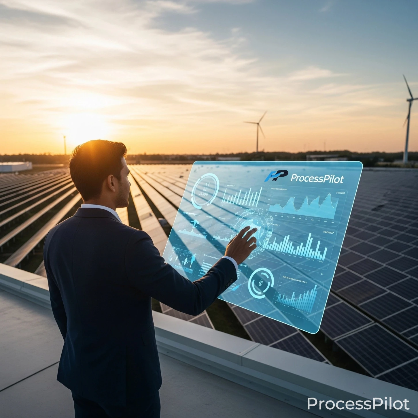 Dirigeant de PME visualisant les données de son entreprise dans un parc éolien et solaire