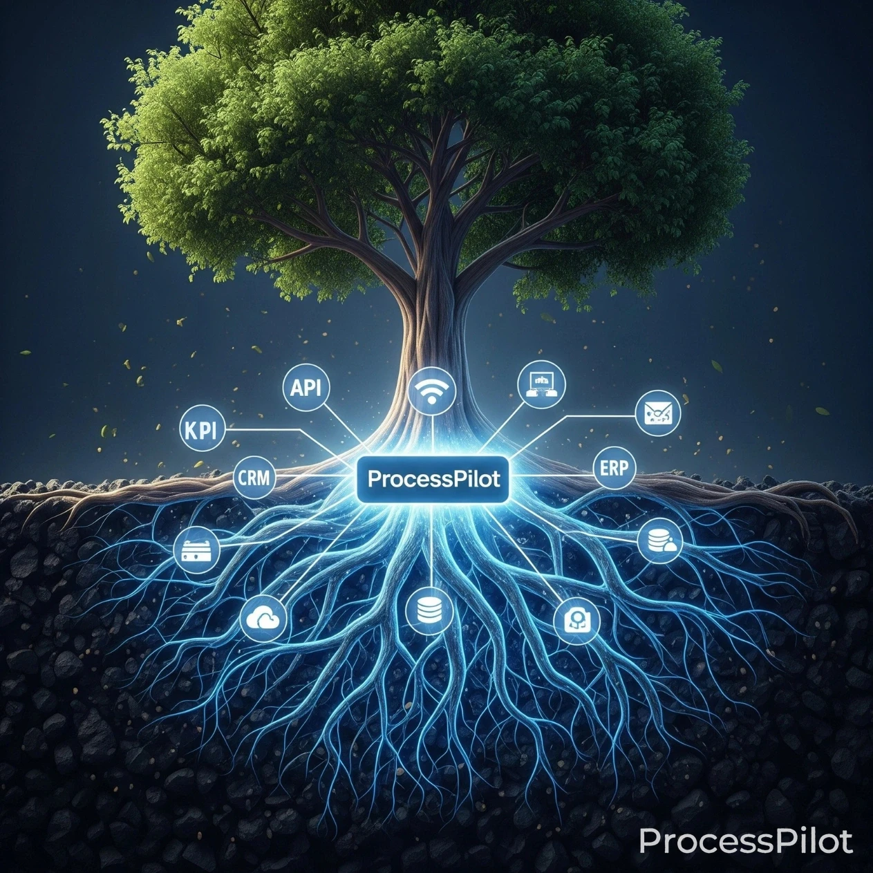 ProcessPilot comme racine connectant tous les systèmes d'une entreprise (CRM, ERP, API)